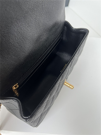 Ch*el mini flap bag with top handle grained calfskin gold tone metal black as2431