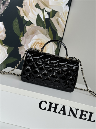 Ch*el mini flap bag with top handle patent calfskin gold tone metal black as2431