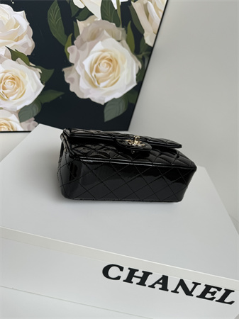 Ch*el mini flap bag with top handle patent calfskin gold tone metal black as2431