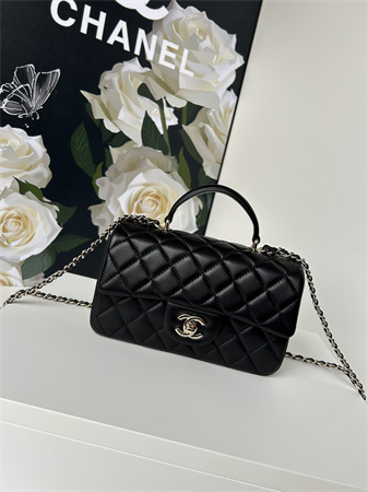 Ch*el mini flap bag with top handle lambskin gold tone metal black as2431