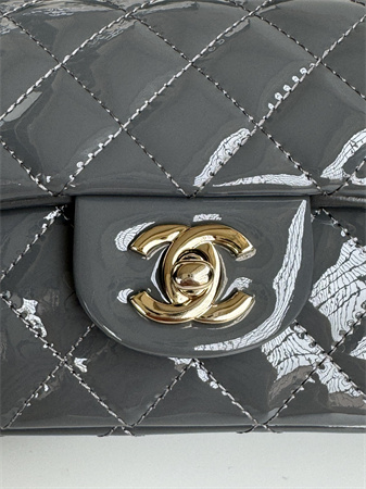 Ch*el mini flap bag with top handle patent calfskin gold tone metal grey as2431