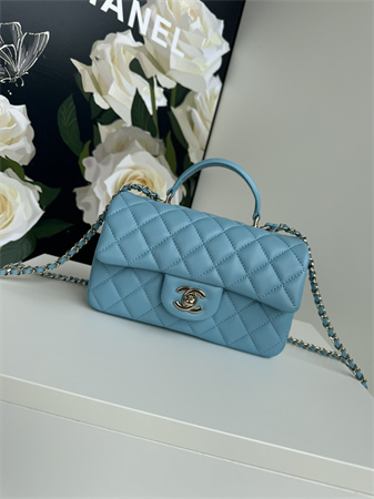 Ch*el mini flap bag with top handle lambskin gold tone metal blue as2431