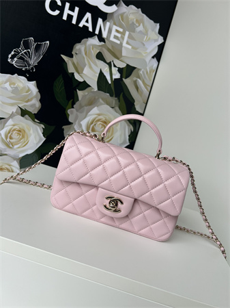 Ch*el mini flap bag with top handle lambskin gold tone metal lt pink as2431