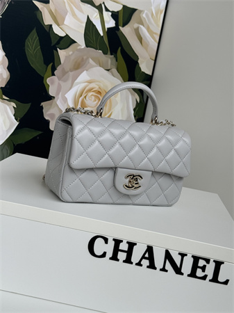 Ch*el mini flap bag with top handle lambskin gold tone metal grey as2431