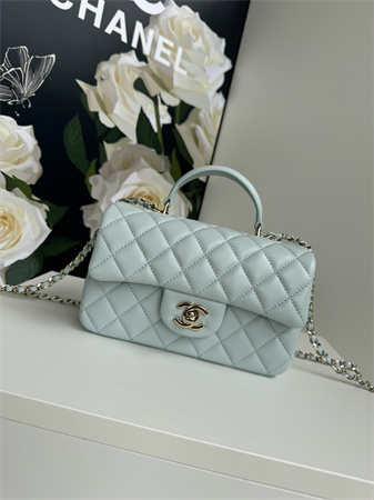 Ch*el mini flap bag with top handle lambskin gold tone metal pale blue as2431