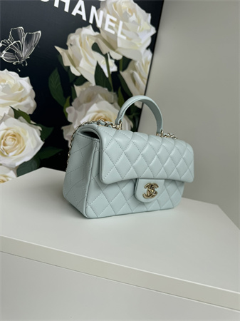 Ch*el mini flap bag with top handle lambskin gold tone metal pale blue as2431