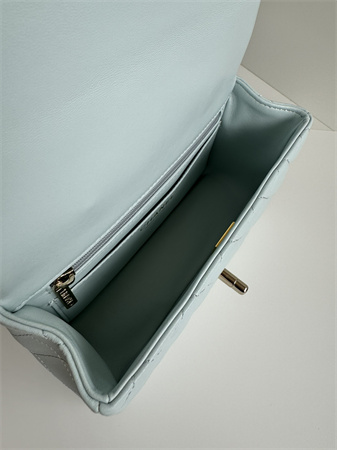 Ch*el mini flap bag with top handle lambskin gold tone metal pale blue as2431