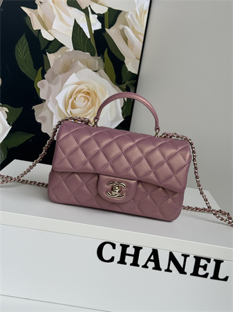 Ch*el mini flap bag with top handle lambskin gold tone metal dk pink as2431