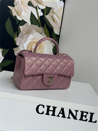 Ch*el mini flap bag with top handle lambskin gold tone metal dk pink as2431