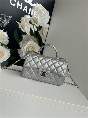 Ch*el mini flap bag with top handle grained calfskin silver tone metal silver as2431