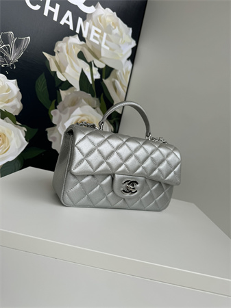 Ch*el mini flap bag with top handle grained calfskin silver tone metal silver as2431