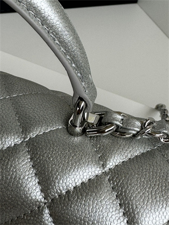 Ch*el mini flap bag with top handle grained calfskin silver tone metal silver as2431