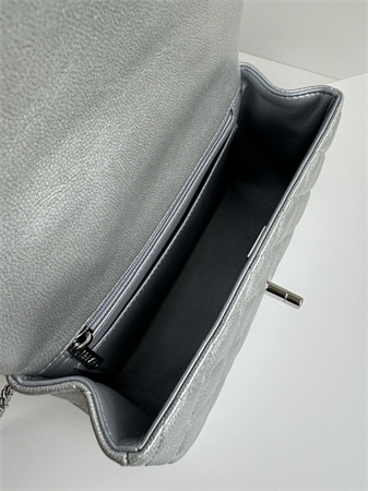 Ch*el mini flap bag with top handle grained calfskin silver tone metal silver as2431