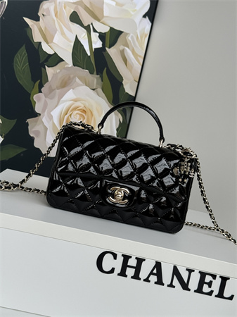 Ch*el mini flap bag with top handle charm patent calfskin gold tone metal black as2431
