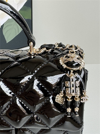 Ch*el mini flap bag with top handle charm patent calfskin gold tone metal black as2431