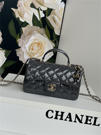 Ch*el mini flap bag with top handle charm patent calfskin gold tone metal grey as2431