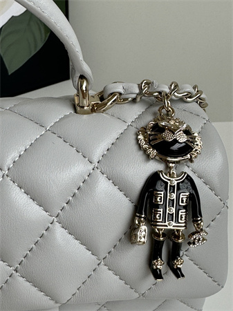 Ch*el mini flap bag with top handle charm lambskin gold tone metal grey as2431