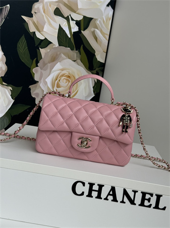 Ch*el mini flap bag with top handle charm lambskin gold tone metal pink as2431