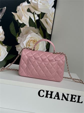 Ch*el mini flap bag with top handle charm lambskin gold tone metal pink as2431