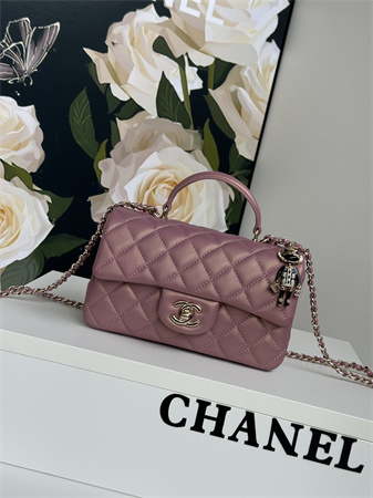 Ch*el mini flap bag with top handle charm lambskin gold tone metal dk pink as2431