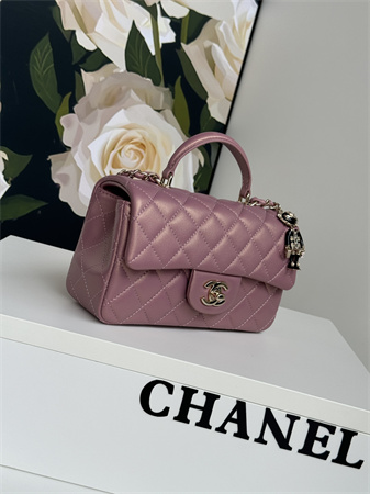 Ch*el mini flap bag with top handle charm lambskin gold tone metal dk pink as2431