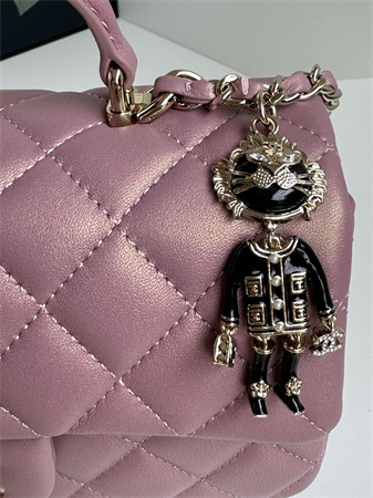 Ch*el mini flap bag with top handle charm lambskin gold tone metal dk pink as2431