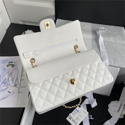 Ch*el medium classic flap bag grained calfskin gold tone metal white 01112