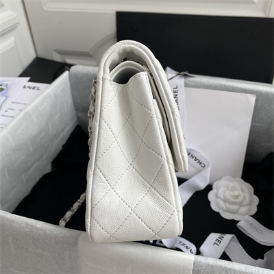 Ch*el medium classic flap bag grained calfskin silver tone metal white 01112