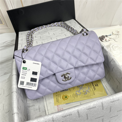 Ch*el medium classic flap bag grained calfskin silver tone metal lilac 01112