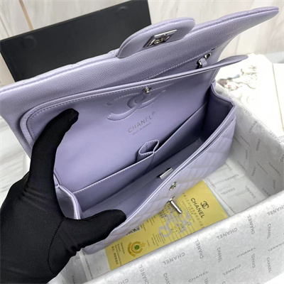 Ch*el medium classic flap bag grained calfskin silver tone metal lilac 01112