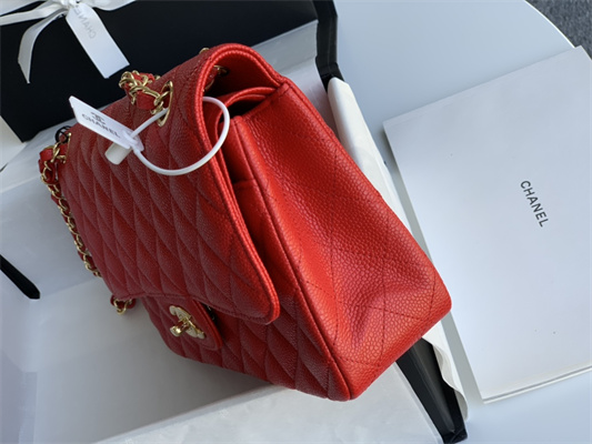 Ch*el medium classic flap bag grained calfskin gold tone metal red 01112