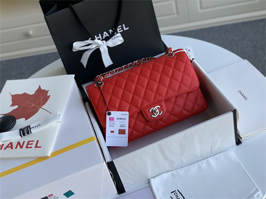 Ch*el medium classic flap bag grained calfskin silver tone metal red 01112