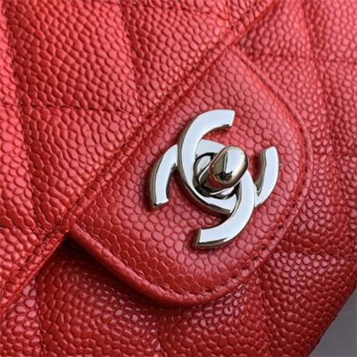 Ch*el medium classic flap bag grained calfskin silver tone metal red 01112