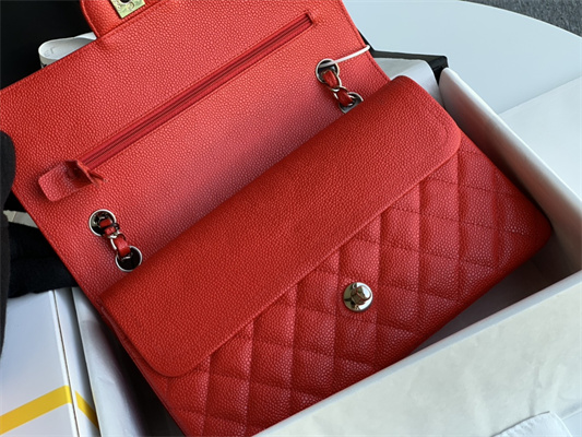 Ch*el medium classic flap bag grained calfskin silver tone metal red 01112