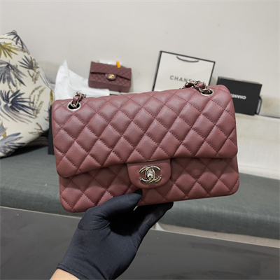 Ch*el medium classic flap bag grained calfskin silver tone metal burgundy 01112