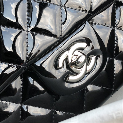 Ch*el medium classic flap bag patent calfskin silver tone metal black 01112