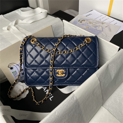 Ch*el vintage medium classic flap bag lambskin gold tone metal blue as3586