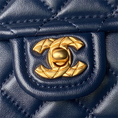 Ch*el vintage medium classic flap bag lambskin gold tone metal blue as3586