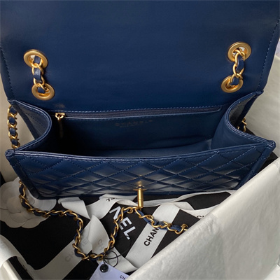 Ch*el vintage medium classic flap bag lambskin gold tone metal blue as3586