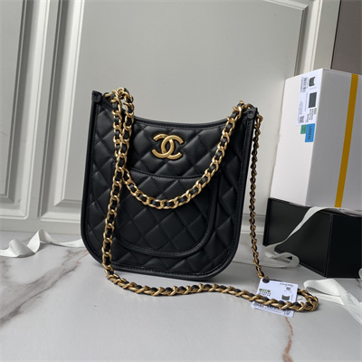 Ch*el hobo chain shoulder bag calfskin gold tone metal black as4532