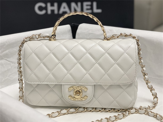 Ch*el mini flap bag with top handle shinny lambskin gold tone metal white as4924