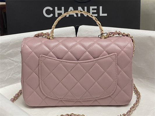 Ch*el mini flap bag with top handle shinny lambskin gold tone metal pink as4924
