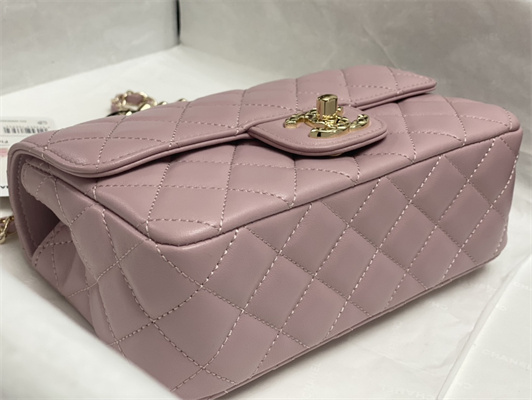 Ch*el mini flap bag with top handle shinny lambskin gold tone metal pink as4924