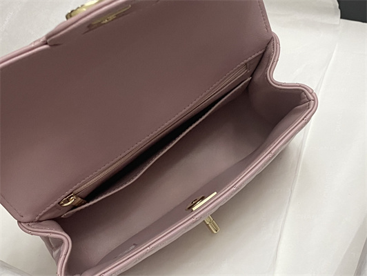 Ch*el mini flap bag with top handle shinny lambskin gold tone metal pink as4924