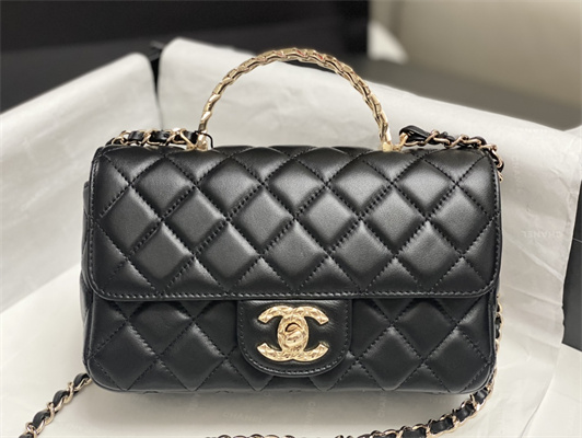 Ch*el mini flap bag with top handle shinny lambskin gold tone metal black as4924