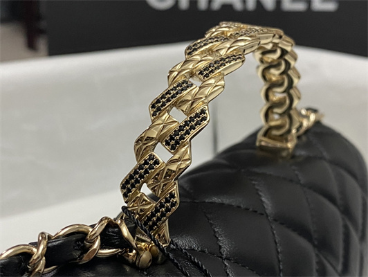 Ch*el mini flap bag with top handle shinny lambskin gold tone metal black as4924