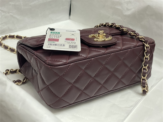 Ch*el mini flap bag with top handle shinny lambskin gold tone metal burgundy as4924
