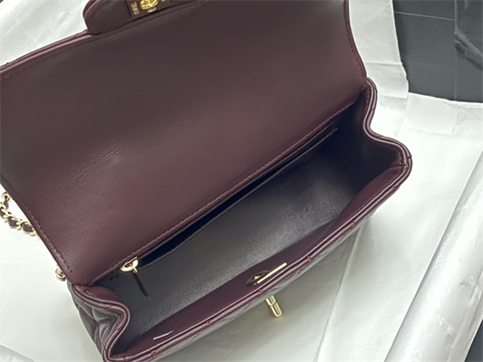 Ch*el mini flap bag with top handle shinny lambskin gold tone metal burgundy as4924