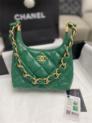 Ch*el small hobo bag shiny lambskin gold tone metal green as4922