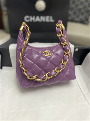 Ch*el small hobo bag shiny lambskin gold tone metal purple as4922